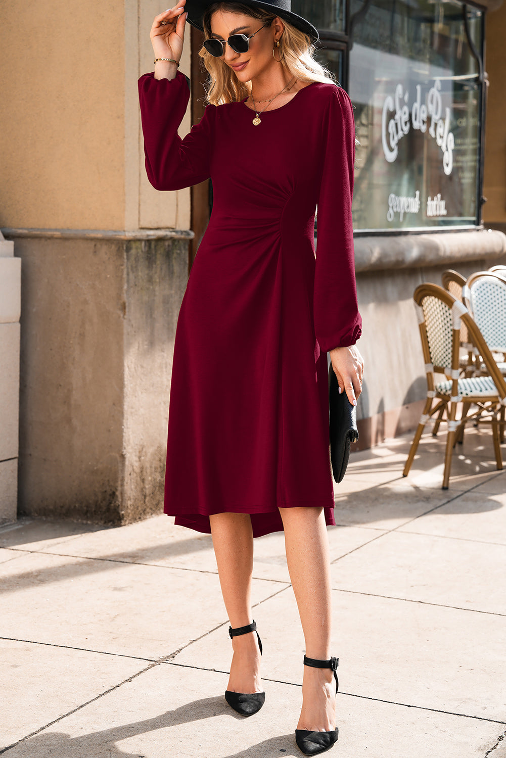 Solid Color Ruched Detail Long Sleeve Midi Dress