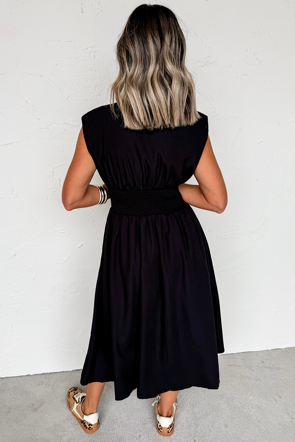 Sleeveless Zipped Front V Neck Shirred Waist Maxi Dress