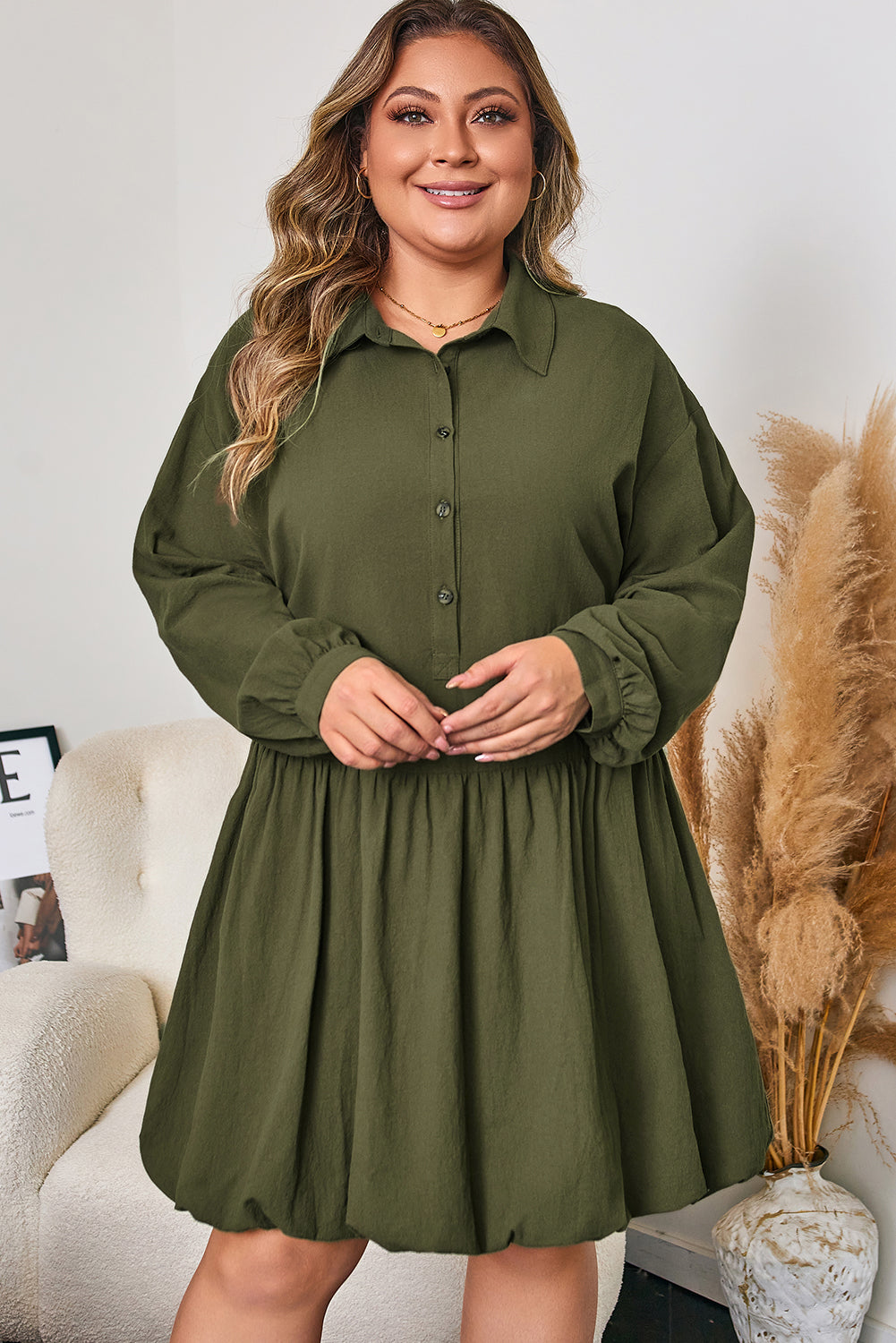 Plus Size Collar Half Button Long Sleeve Ruffle Hem Mini Dress