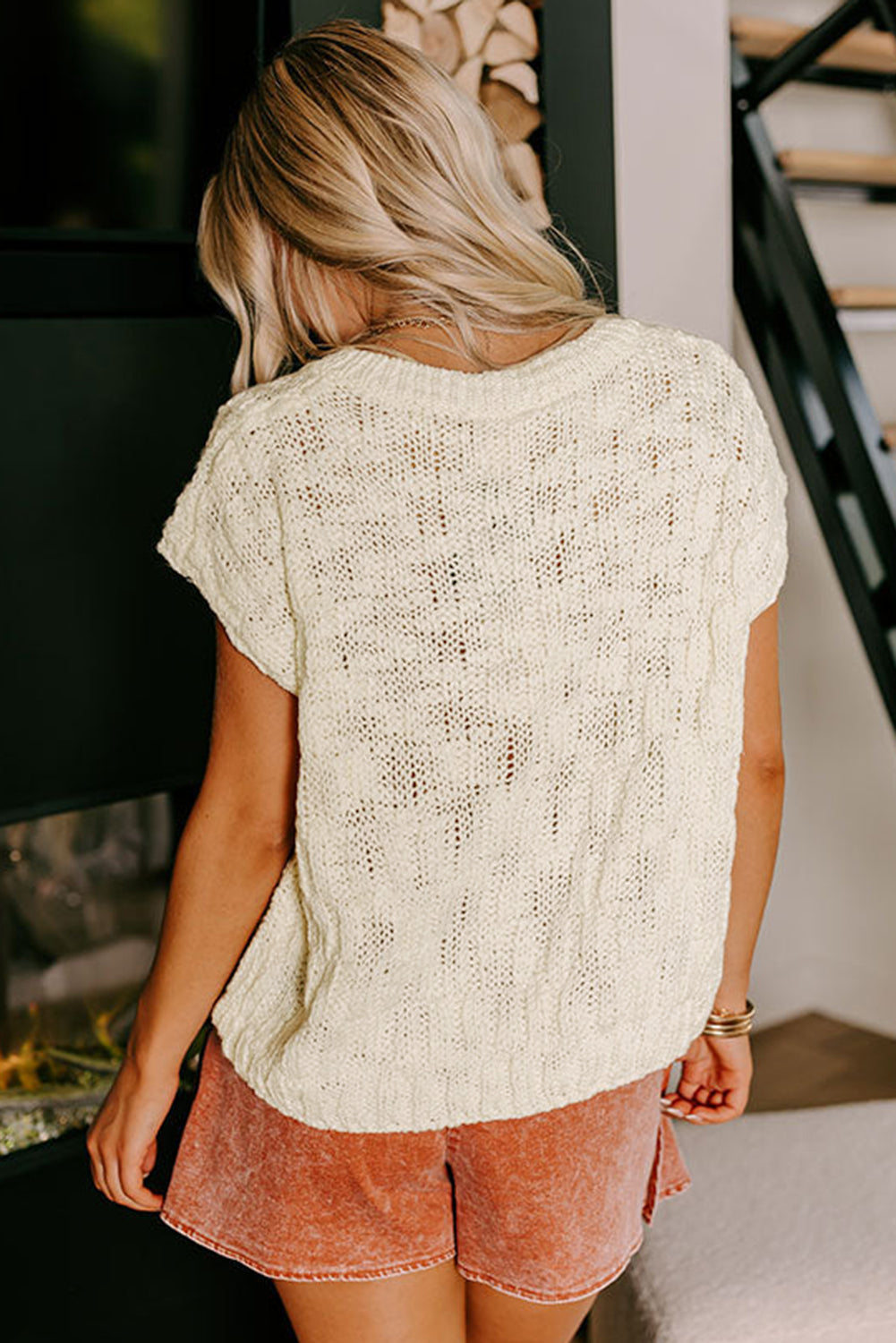 Notched V Neck Short Sleeve Sweater