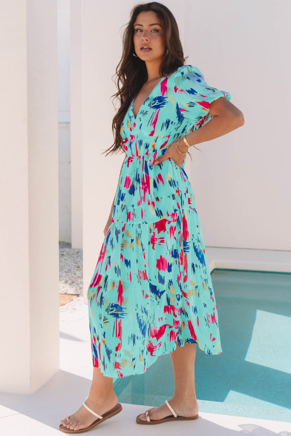 Abstract Print Short Puff Sleeve Tiered Maxi Dress
