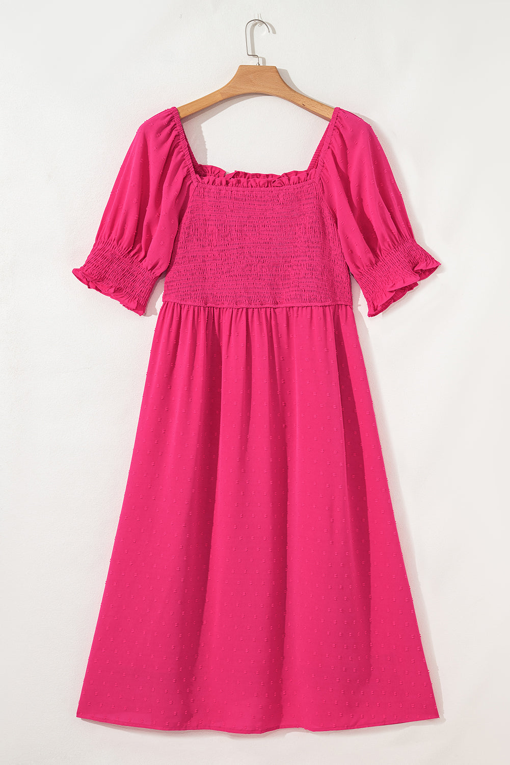 Swiss Dot Smocked Frilled Neckline Short Sleeve Plus Size Dress