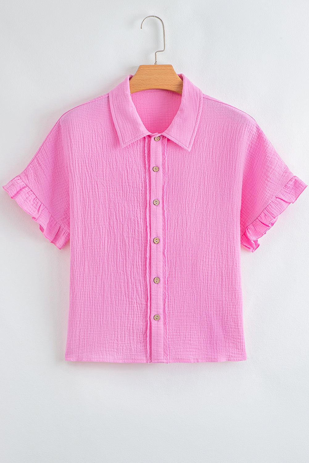 Mineral Wash Textured Ruffle Trim Short Sleeve Shirt