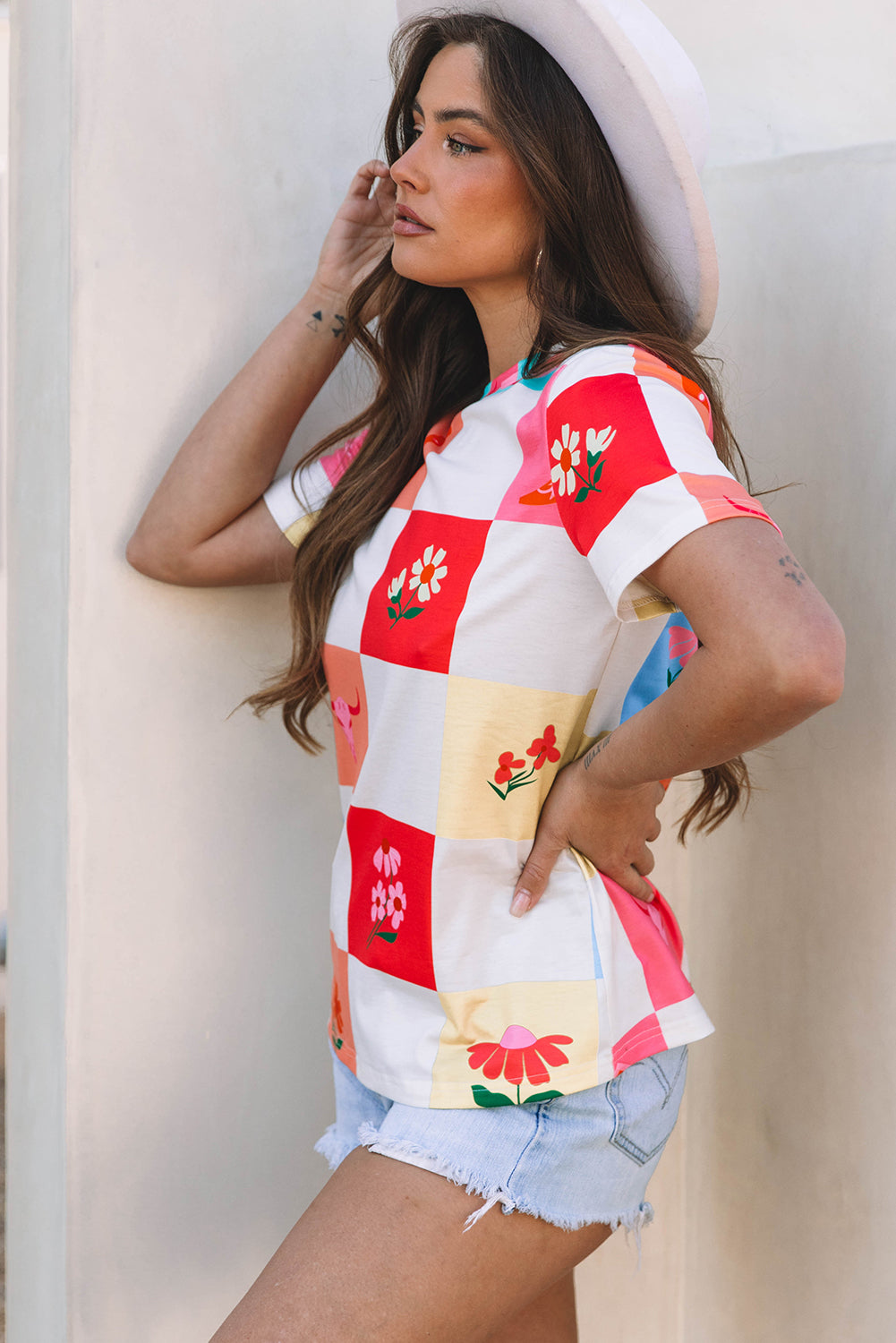 Western Fashion Checker Print Crewneck T Shirt