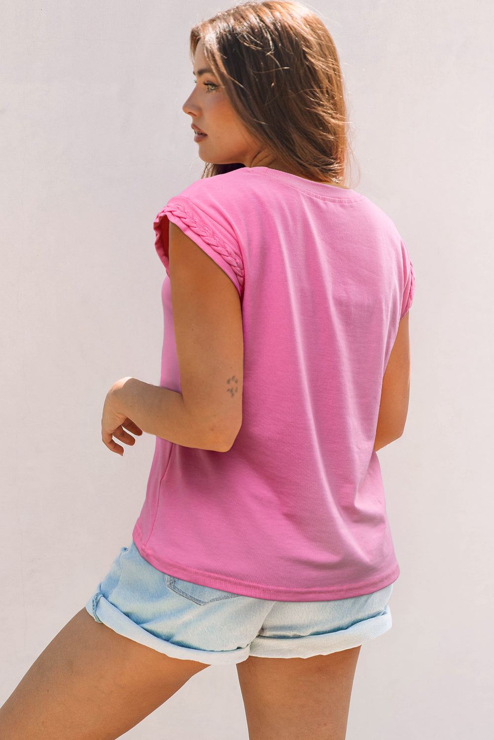 Braided Cap Sleeve Crew Neck T Shirt