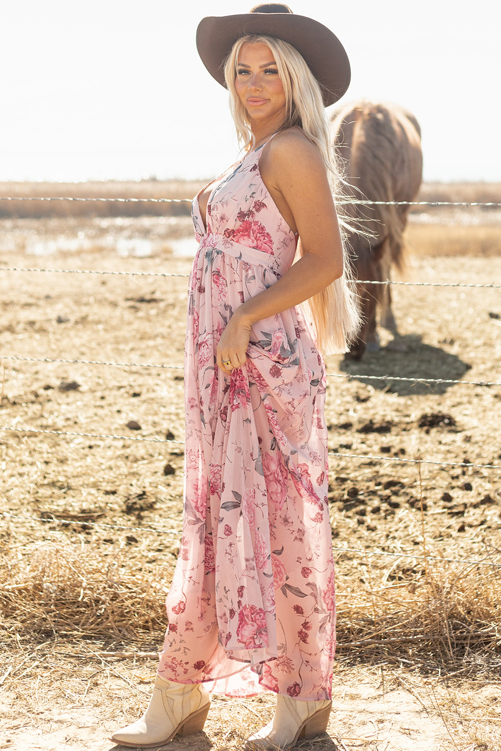 Floral Pleated Bust Deep V Empire Waist Backless Maxi Dress