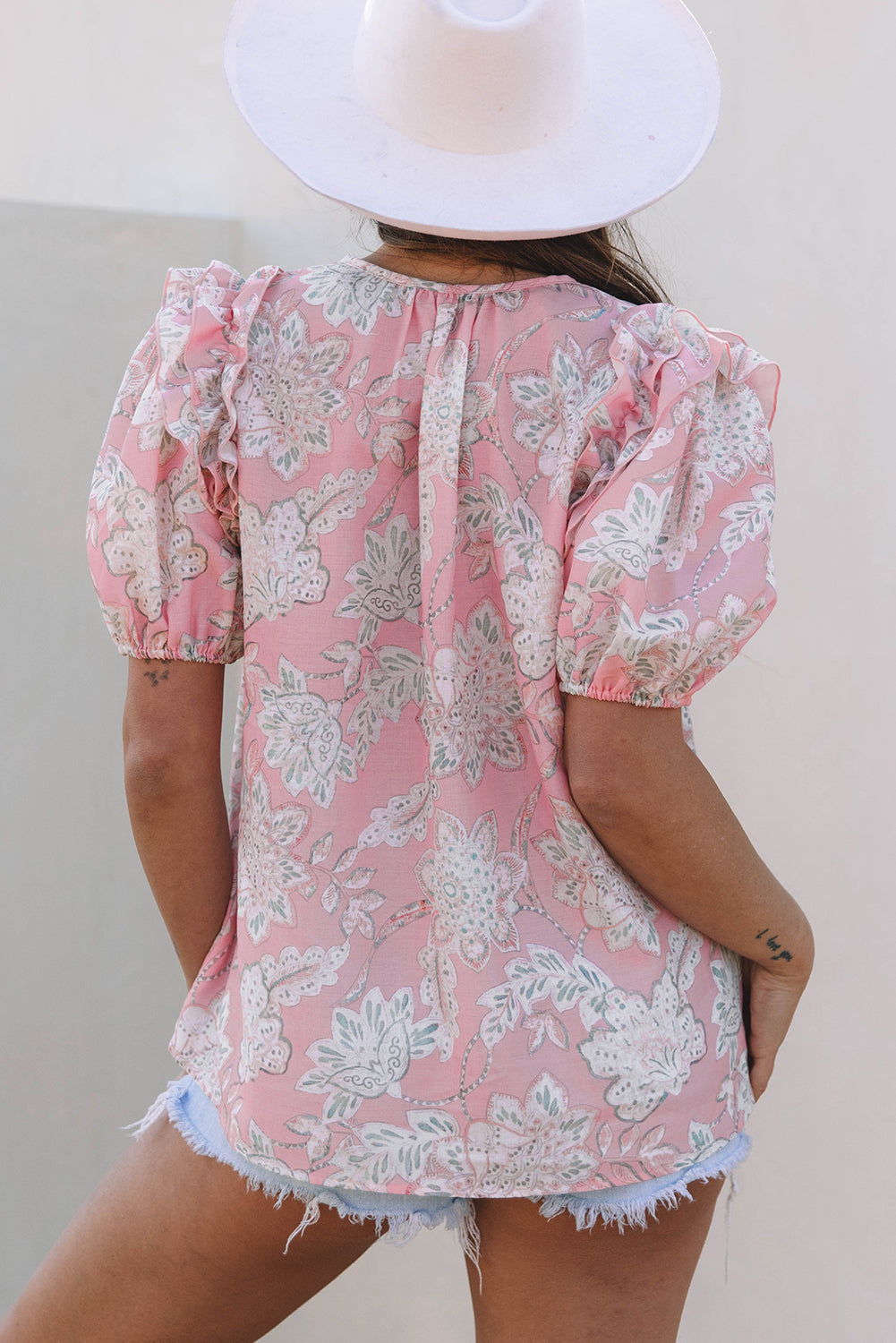 Floral Print Drawstring V Neck Puff Sleeve Loose Blouse