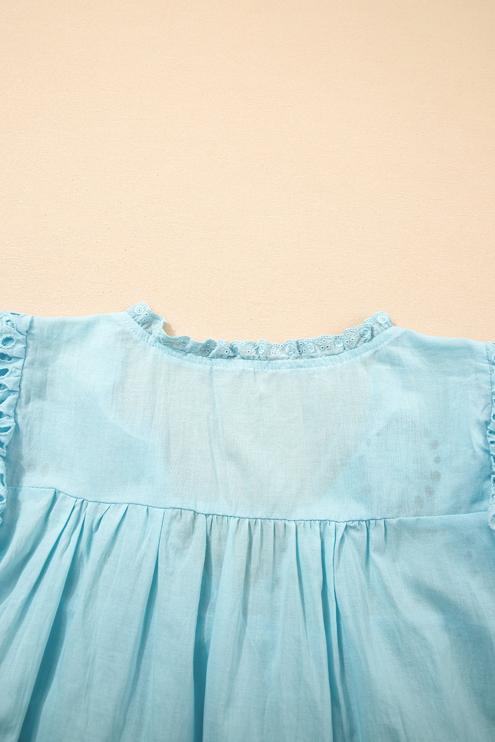 Embroidered Lace Patchwork Tie Neck Puff Short Sleeve Blouse