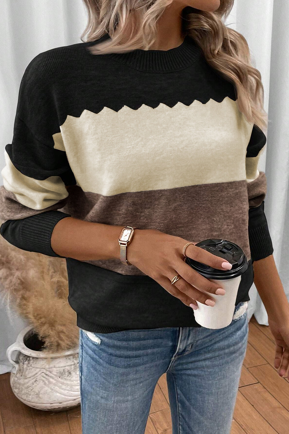 Colorblock Crew Neck Drop Shoulder Sweater