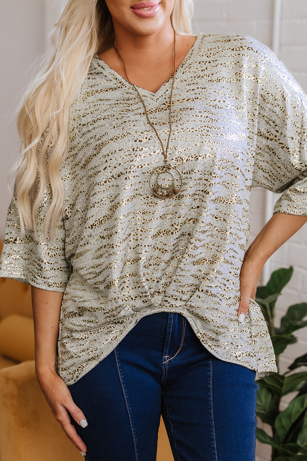 Leopard Print Half Sleeve V Neck Loose Fit T Shirt