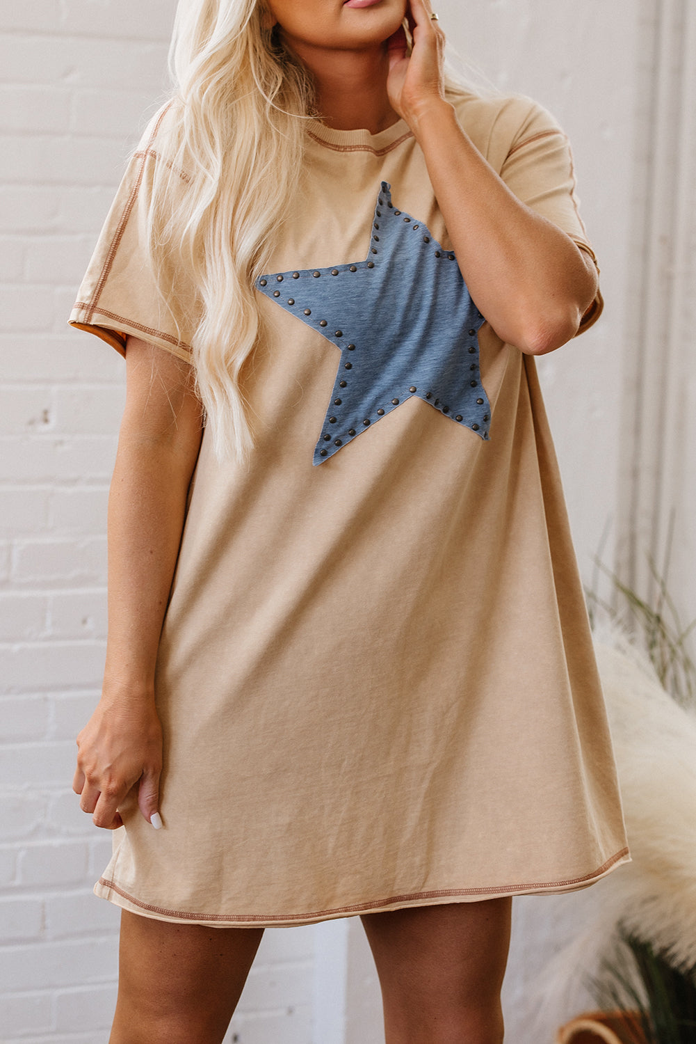 Mineral Wash Stud Beaded Star Graphic Pocketed T Shirt Dress