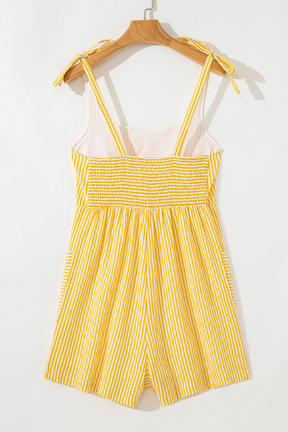 Stripe Shoulder Tie Smocked Back Wide Leg Casual Romper
