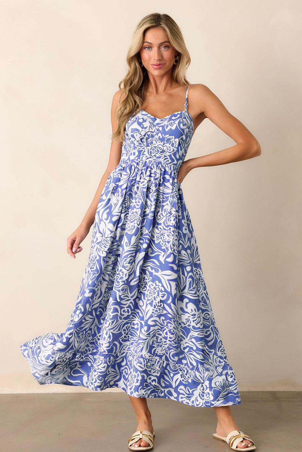 Floral Print Spaghetti Strap High Waist Maxi Dress