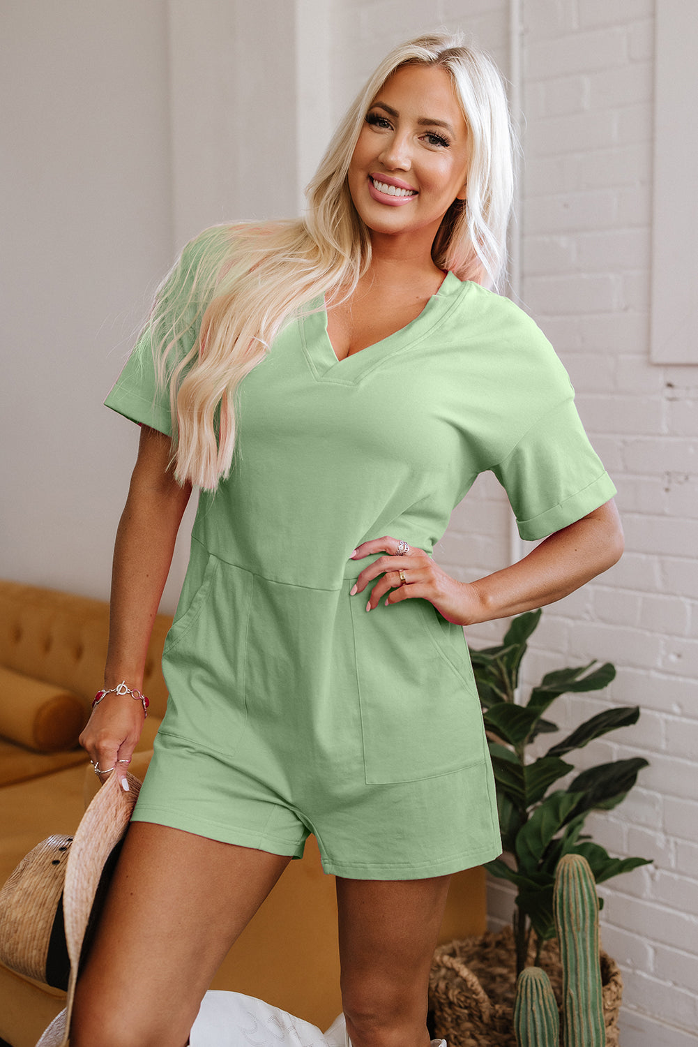Loose Half Sleeve V Neck Knit Romper