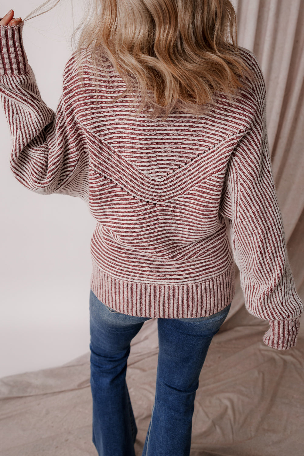 Striped Print Ribbed Knit Boat Neck Baggy Sweater