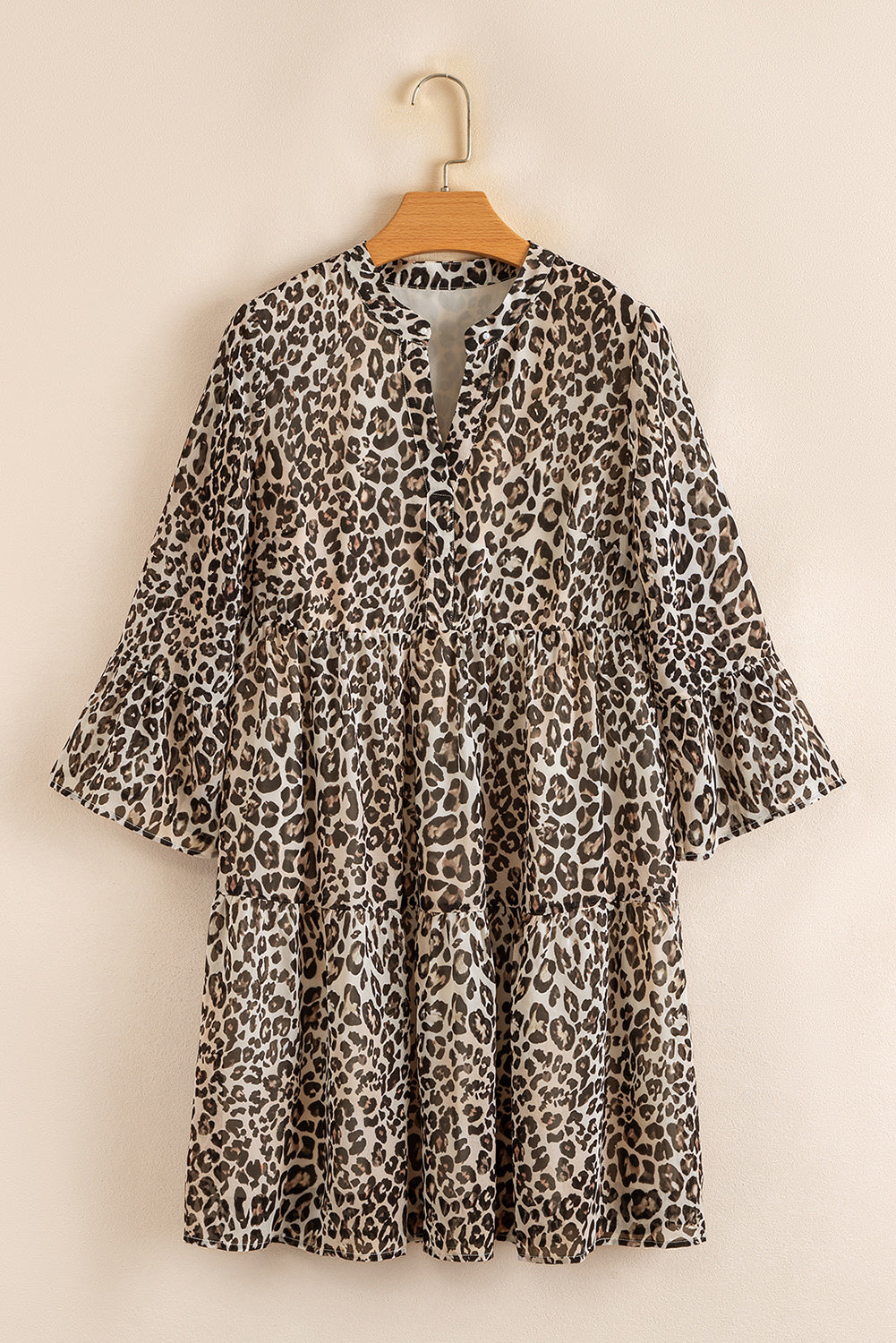 Leopard 3/4 Sleeve V Neck Swing Dress