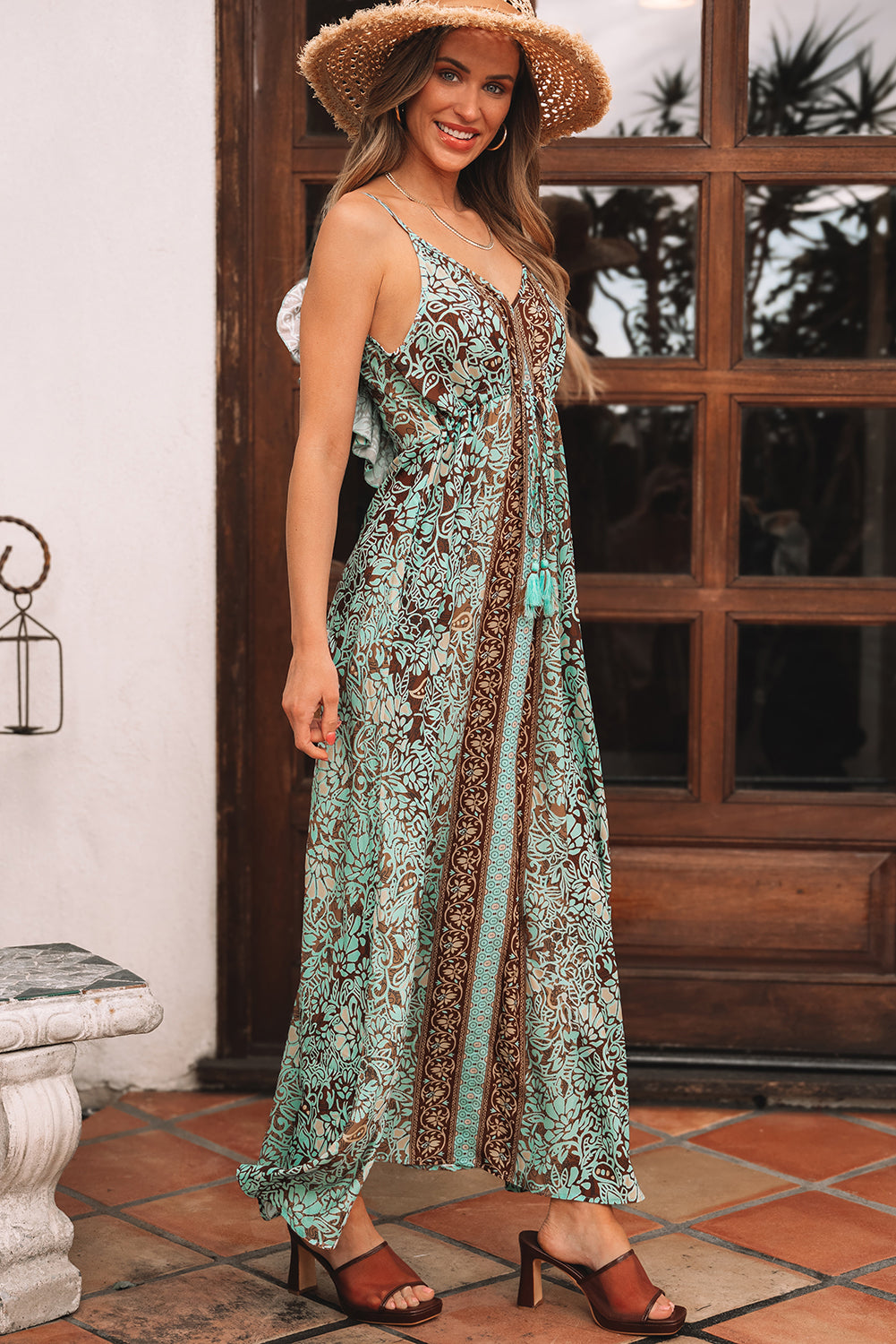 Floral Print V Neck Ruffled Trim Backless Tassel Waist Maxi Dress