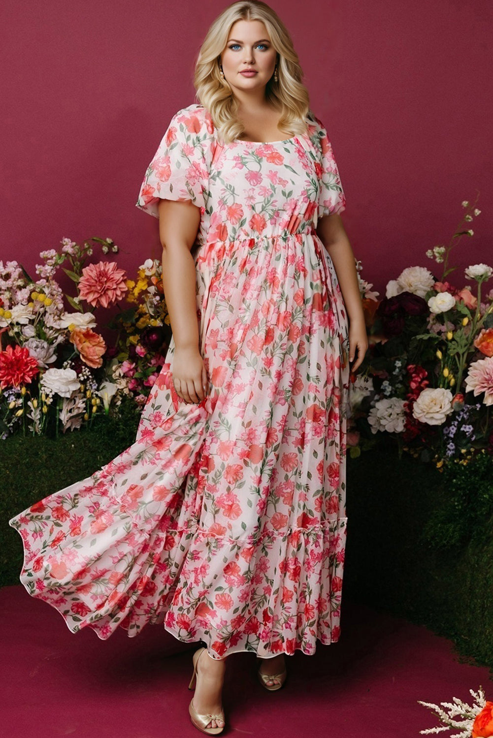 Plus Size Floral Square Neck Puff Sleeve Ruffle Maxi Dress