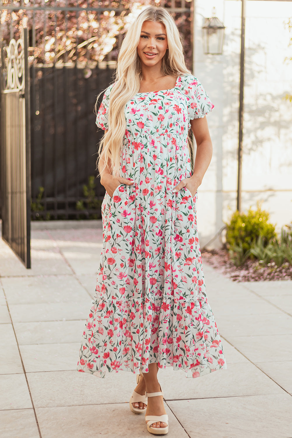 Floral Puff Sleeve Square Neck Empire Waist Tiered Maxi Dress
