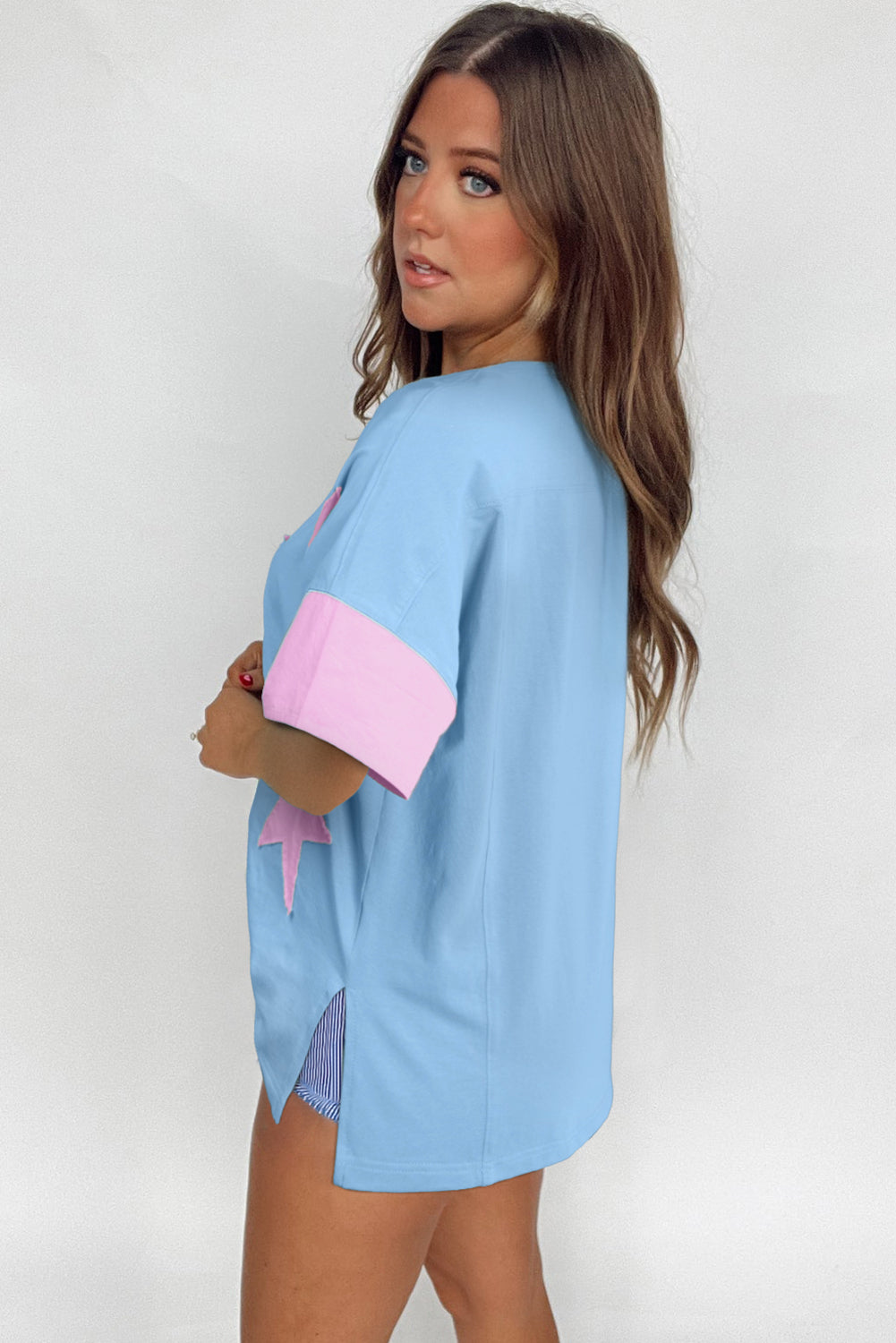Frayed Denim Star Patched Oversize T Shirt