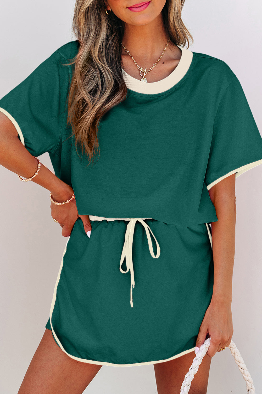 Colorblock Edge Drop Shoulder T Shirt and Skirt 2Pcs Set