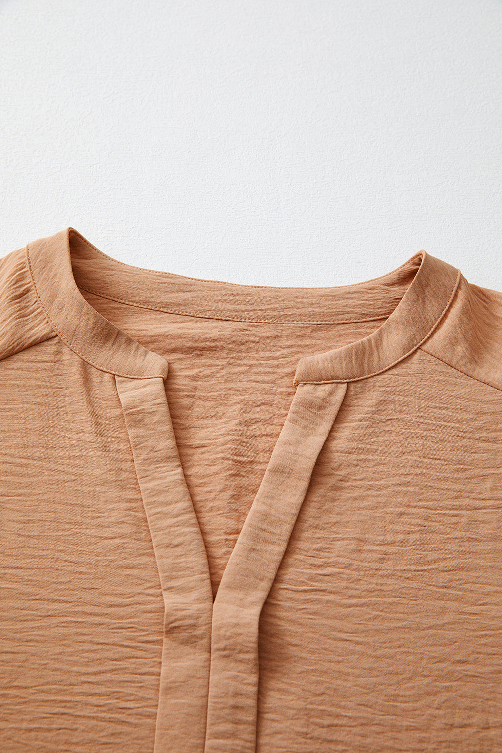Solid Color Shirred Cuff Notch V Neck Blouse