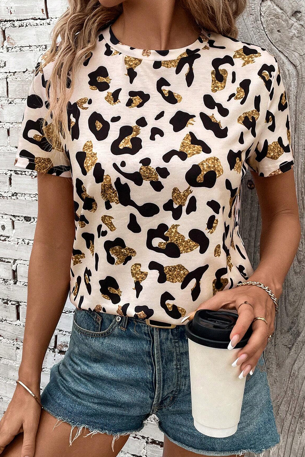 Leopard Print Round Neck Casual T Shirt