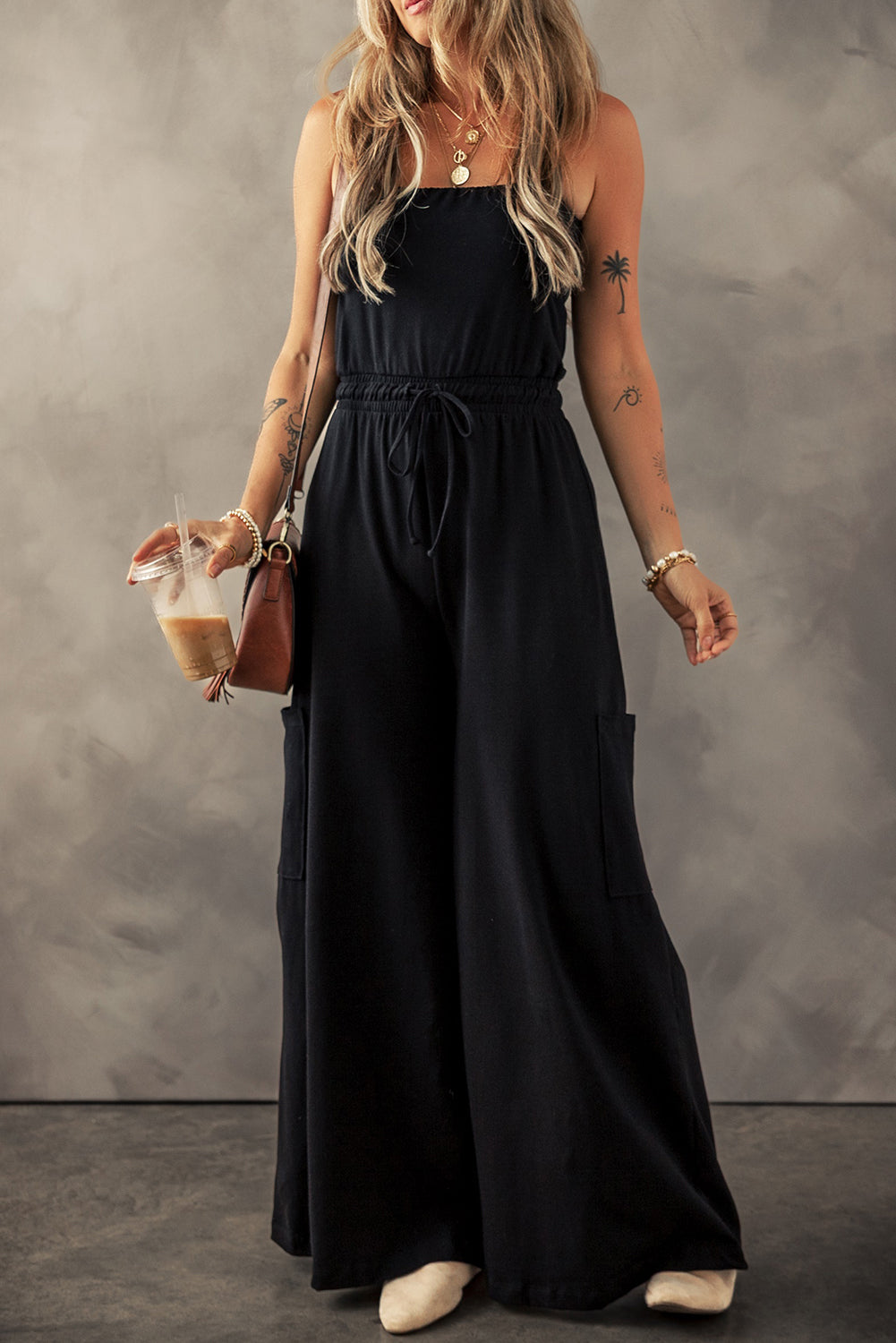 Drawstring Wide Leg Cargo Pockets Sleeveless Jumpsuit