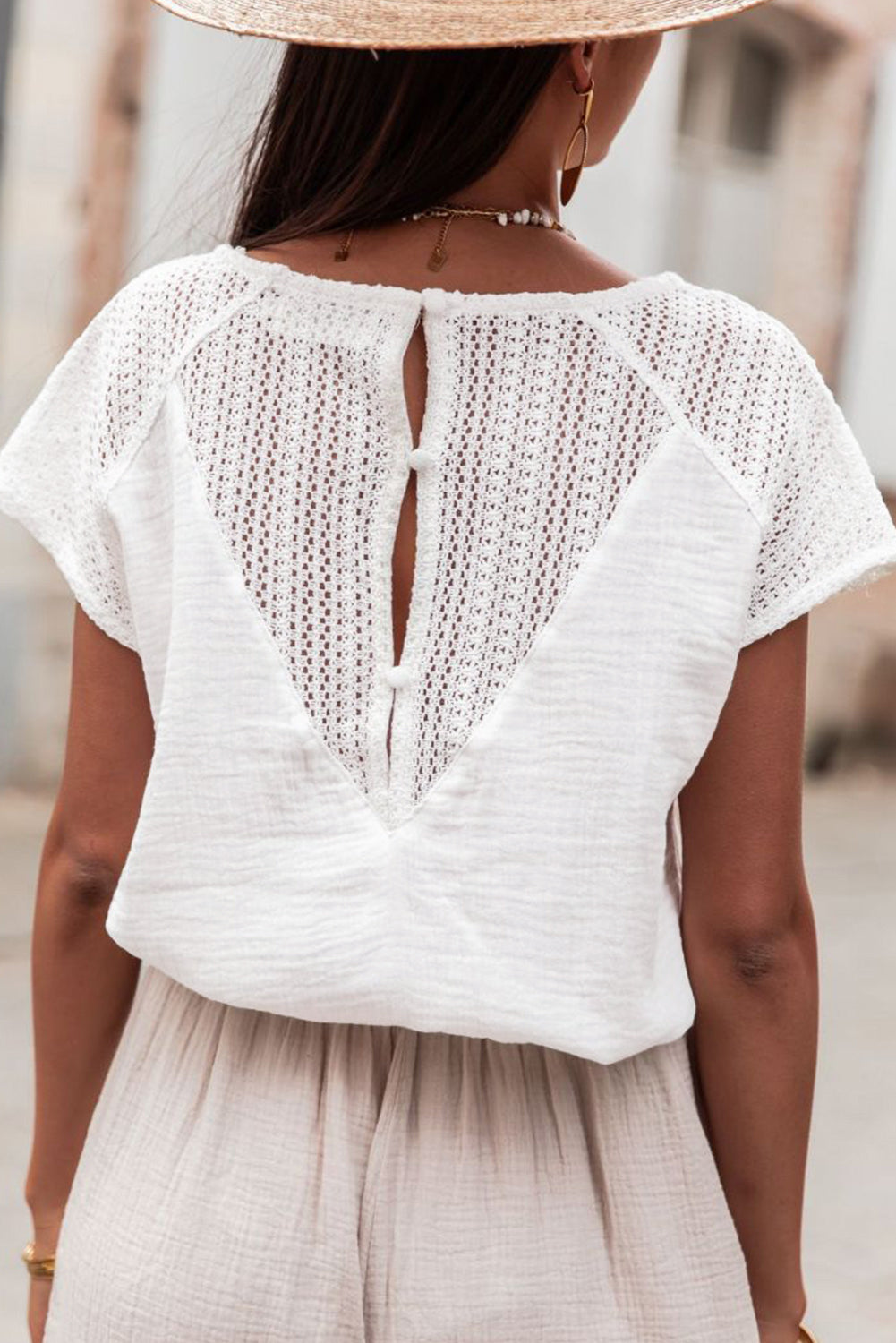 Lace Crochet Textured Button Back V Neck T Shirt