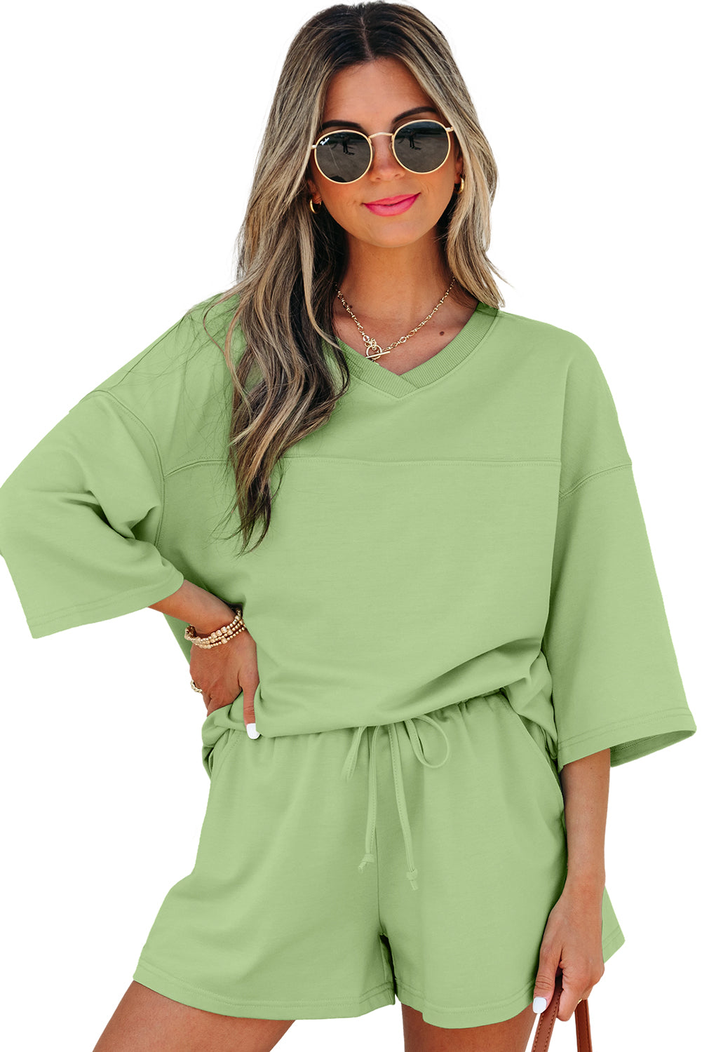 Solid Loose V Neck Half Sleeve Tee and Shorts
