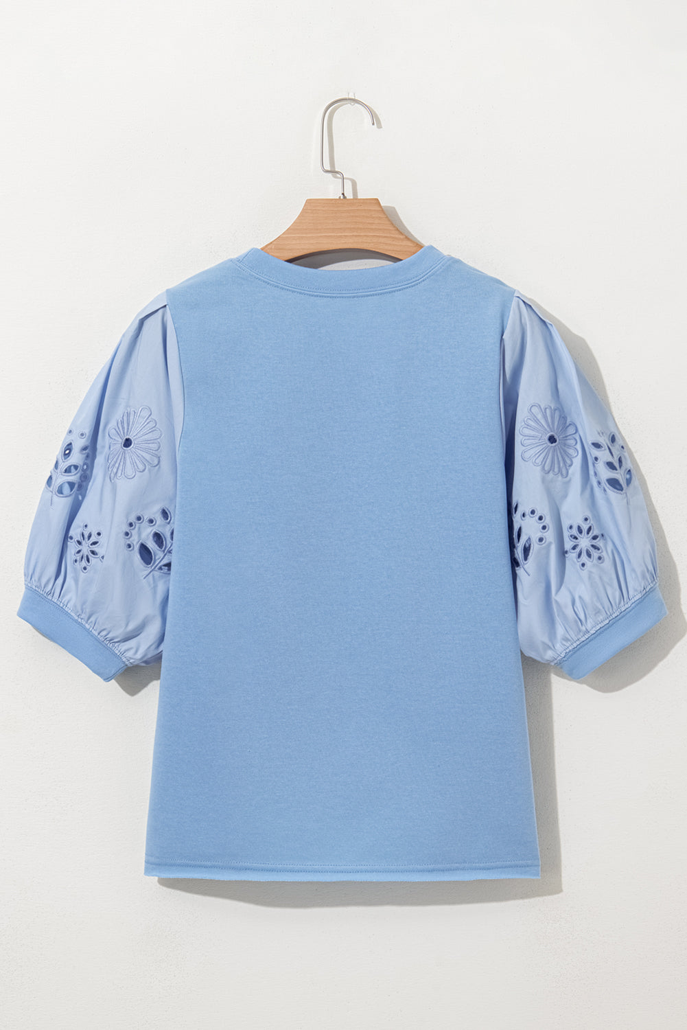 Eyelet Flower Embroidered Puff Short Sleeve Patchwork Crew Neck Blouse