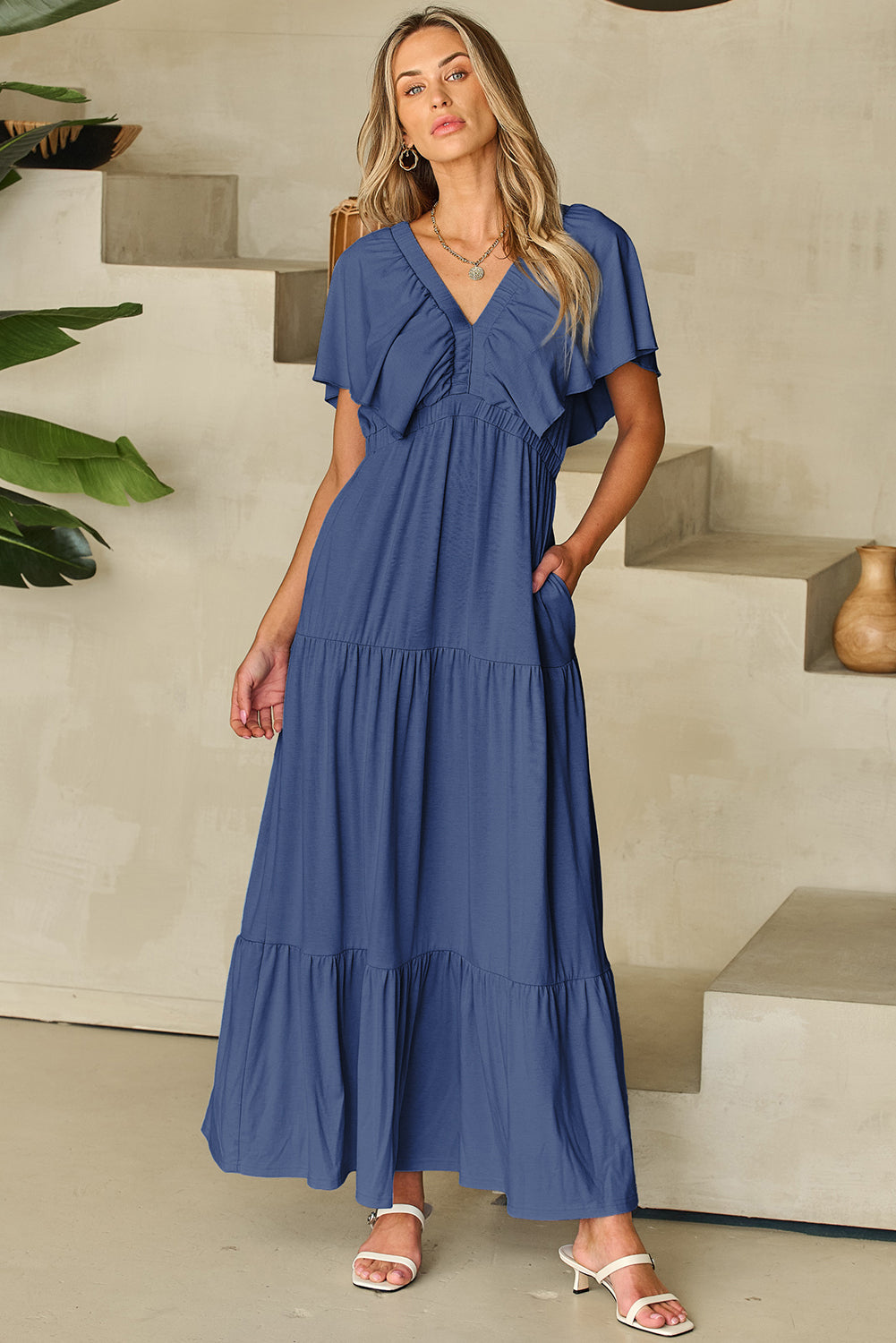 Textured V Neck Flutter Sleeve Ruffled Maxi Dress