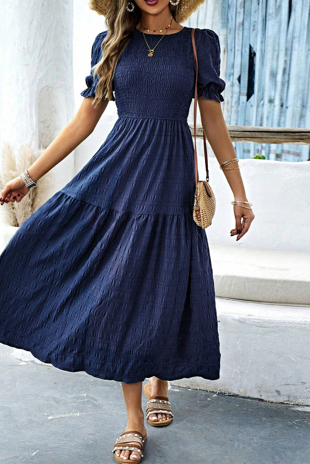 Solid Textured Smocked Puff Short Sleeve High Waist Long Dress