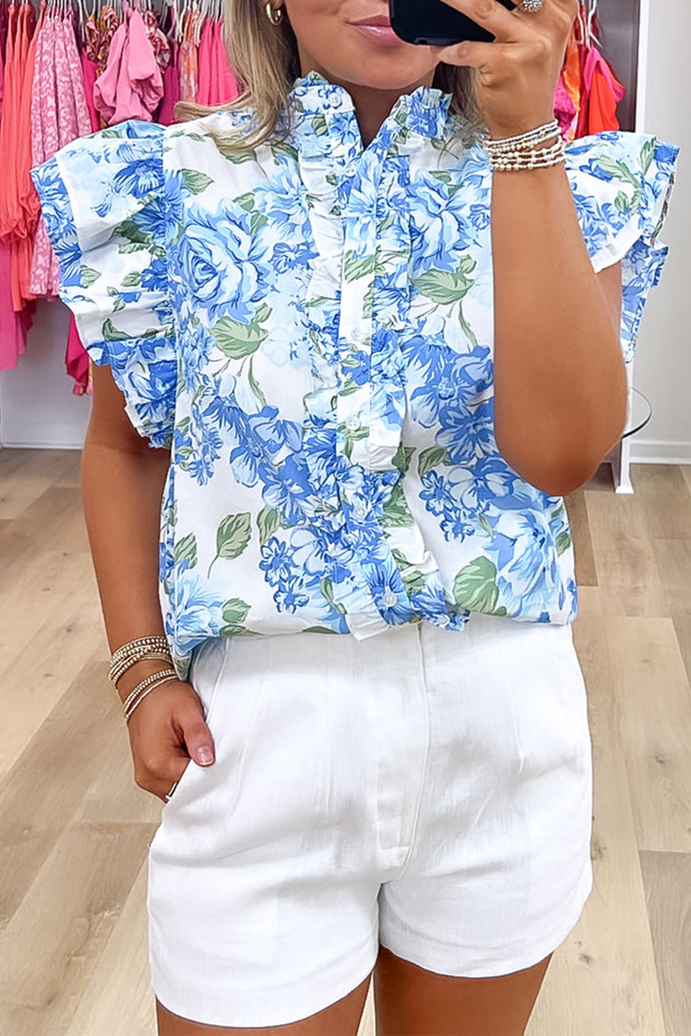 Floral Print Ruffle Sleeve Frilly Button Up Shirt