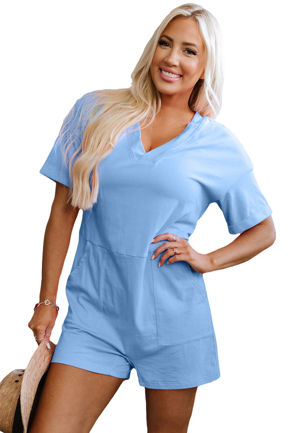 Loose Half Sleeve V Neck Knit Romper