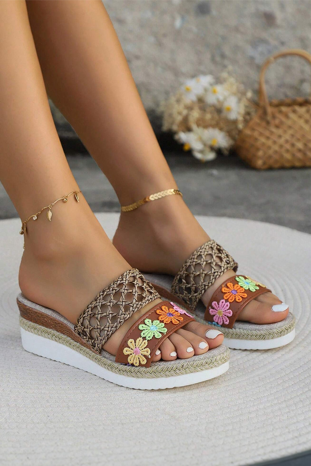 Floral Print Braided Details Wedge Sandals