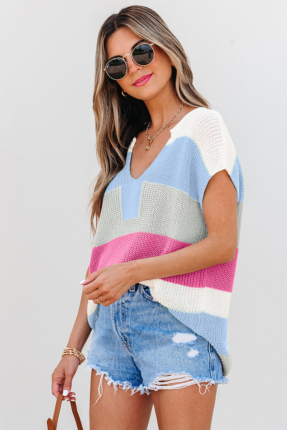 Color Block Notch V Neck Sweater T Shirt