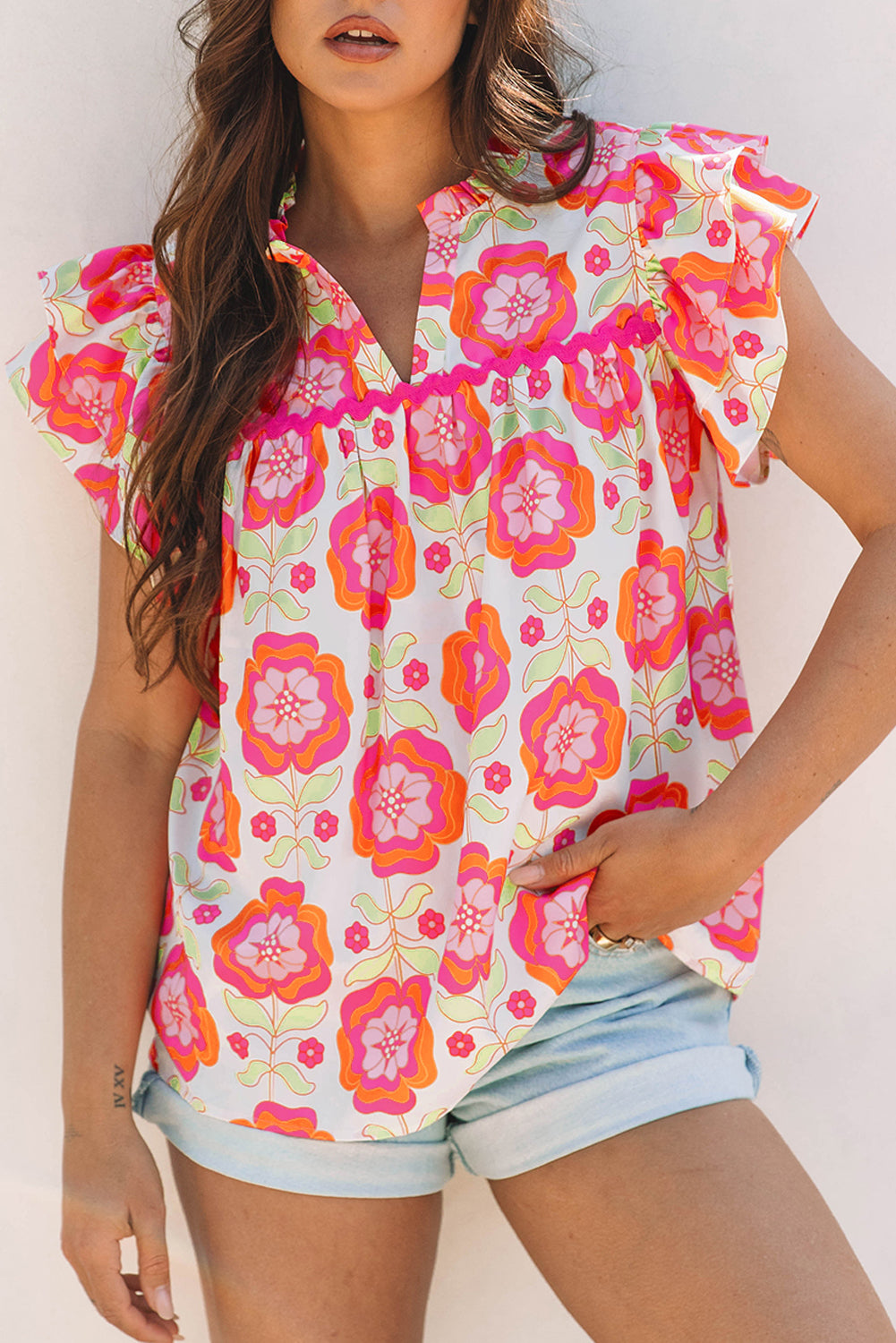 Floral Ruffled Sleeve Ric-rac Trim Split Neck Loose Blouse