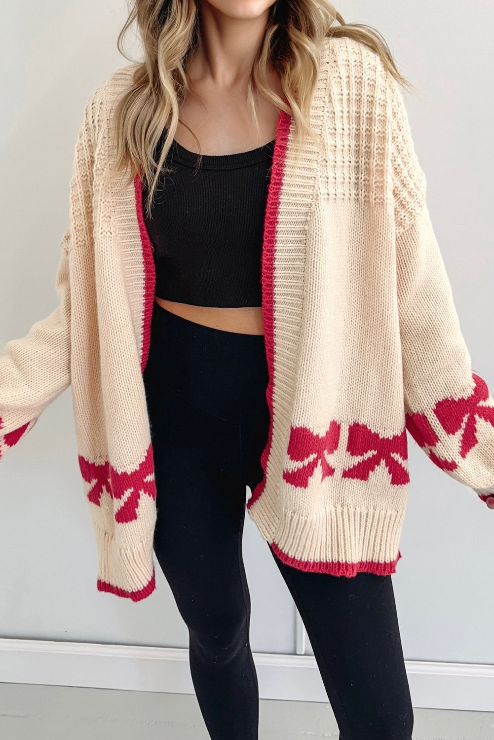 Bow Pattern Textured Open Front Baggy Cardigan