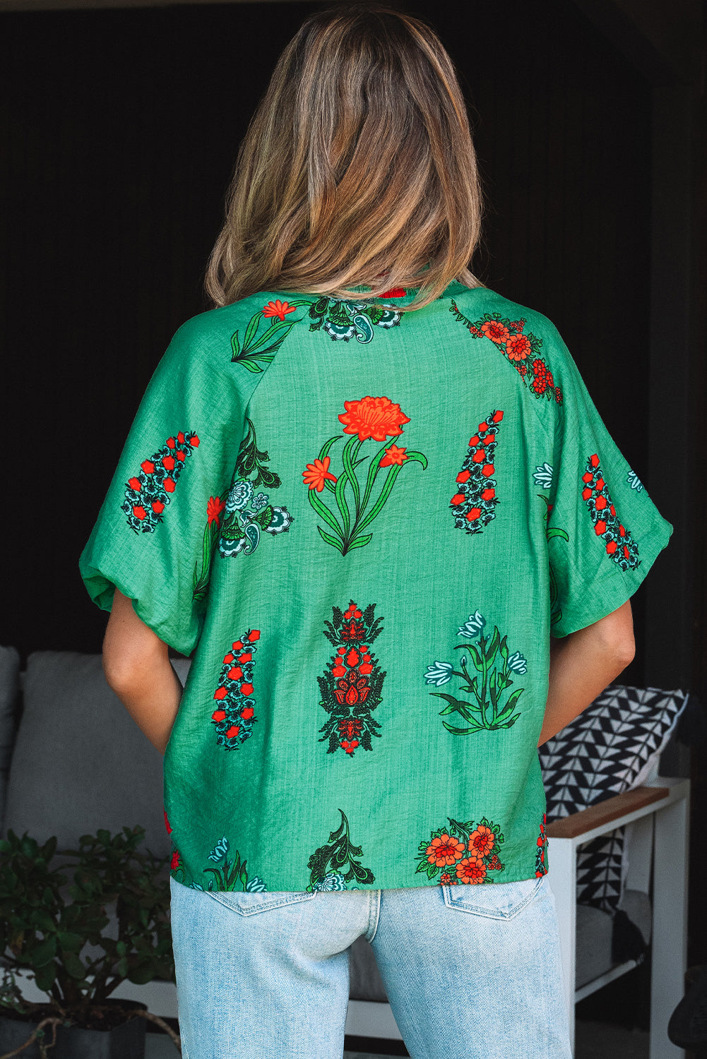 Floral Print Buttoned V Neck Short Sleeve Blouse