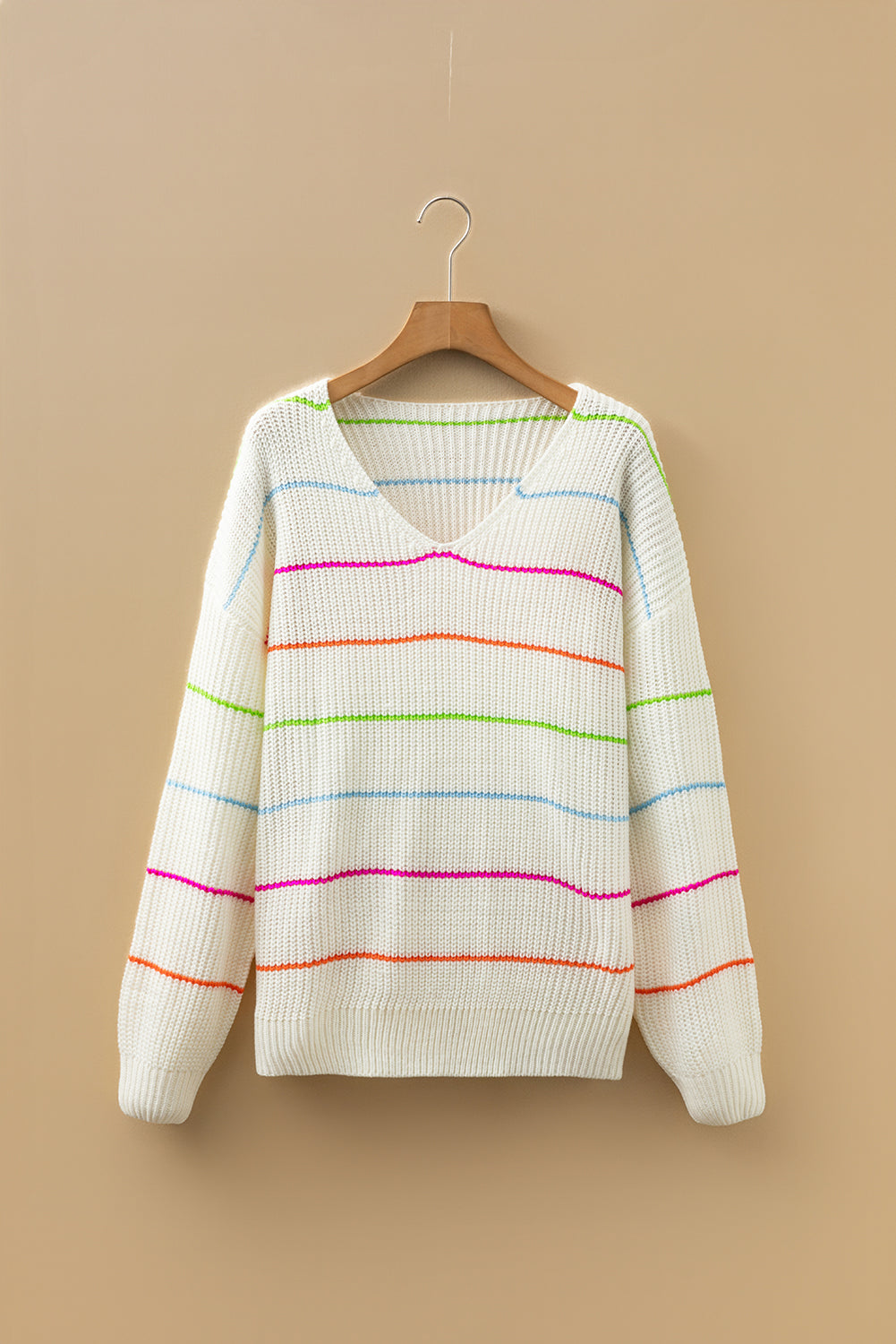 Colorful Striped Detail V Neck Drop Shoulder Baggy Sweater