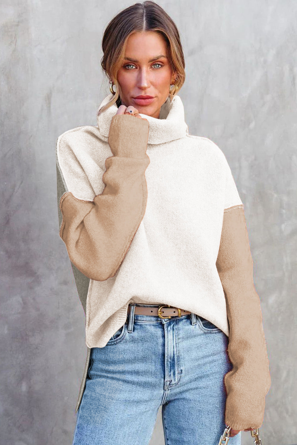 White Color Block Turtle Neck Drop Shoulder Knit Sweater