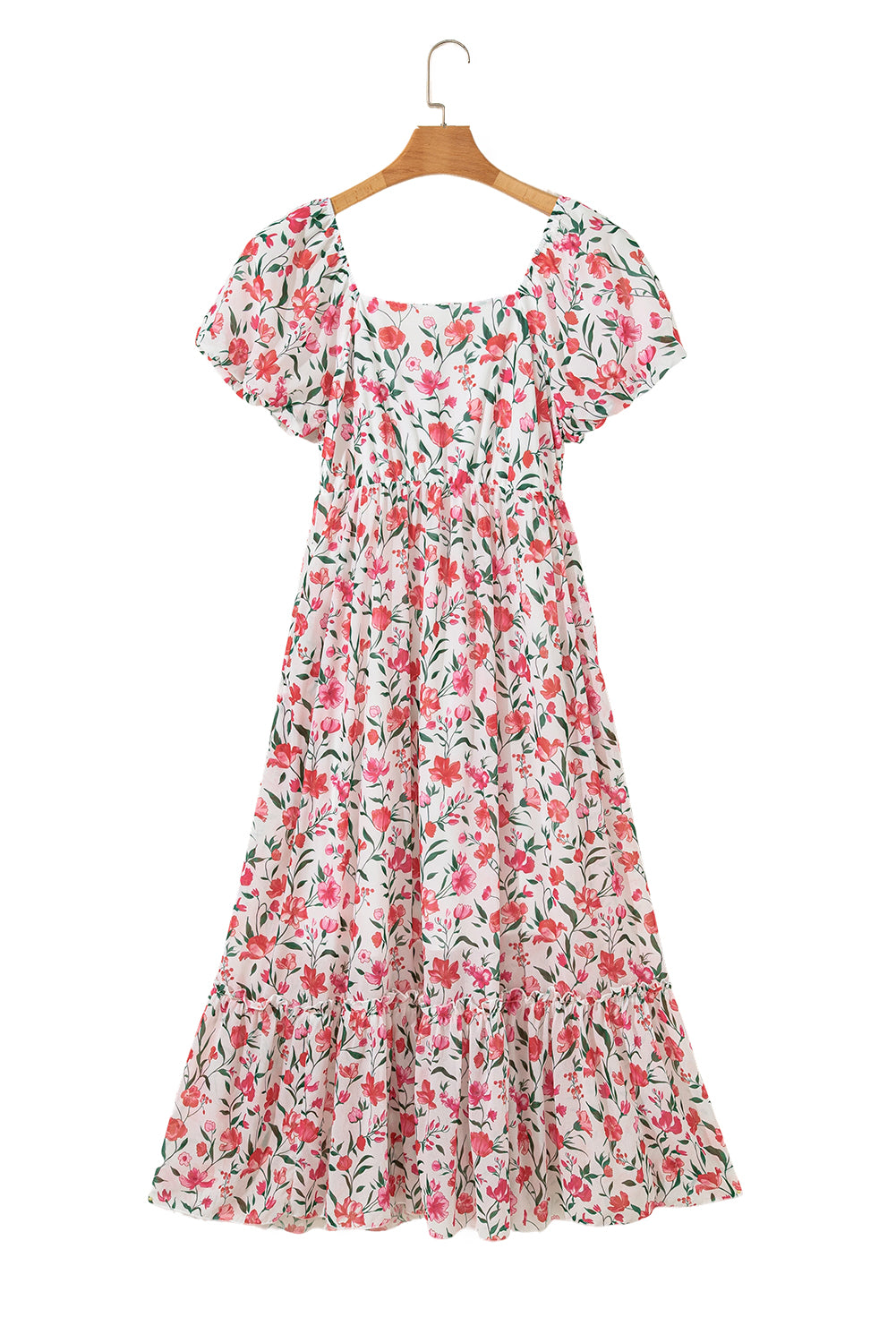 Floral Puff Sleeve Square Neck Empire Waist Tiered Maxi Dress