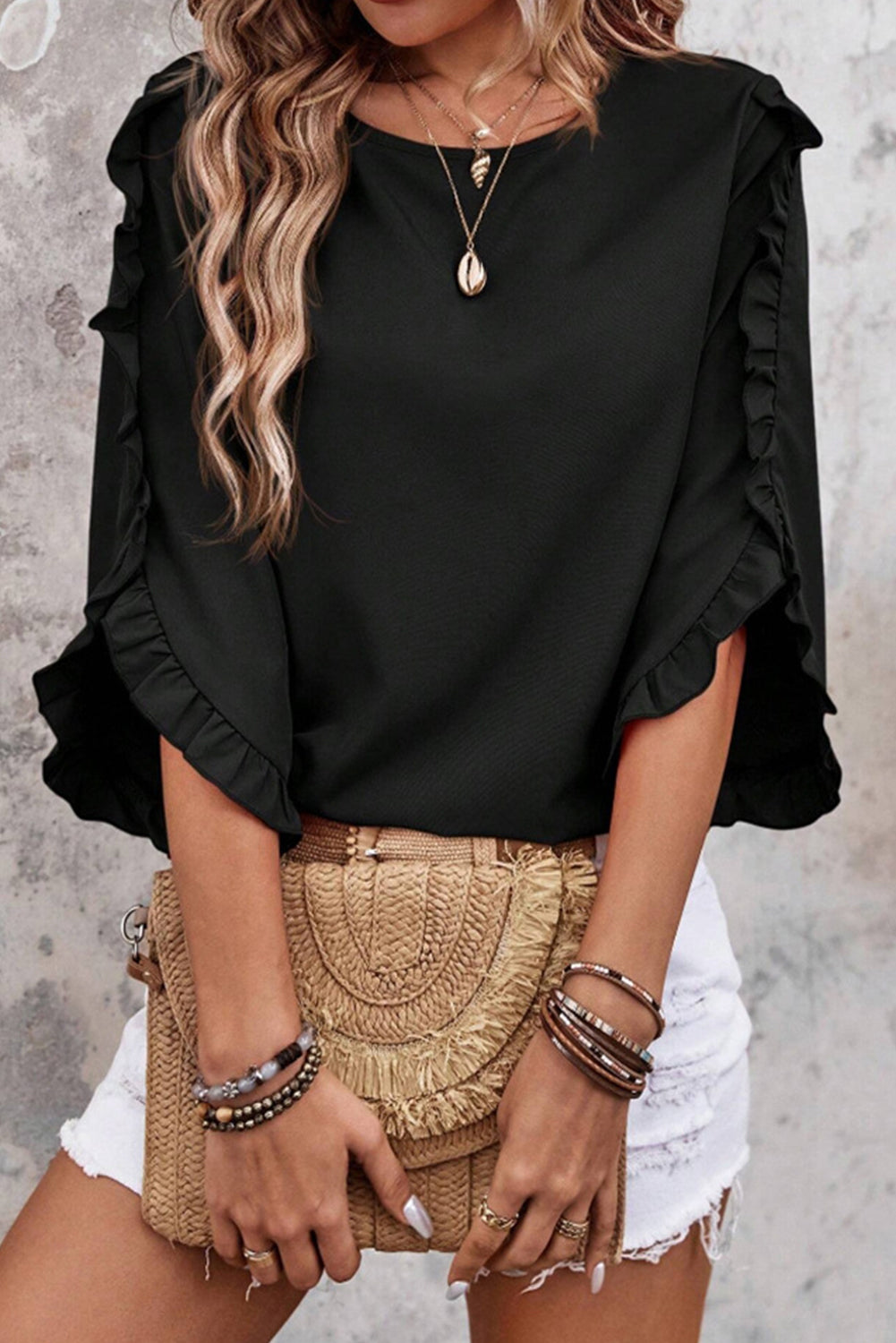Ruffle Trimmed 3/4 Sleeve Round Neck Blouse