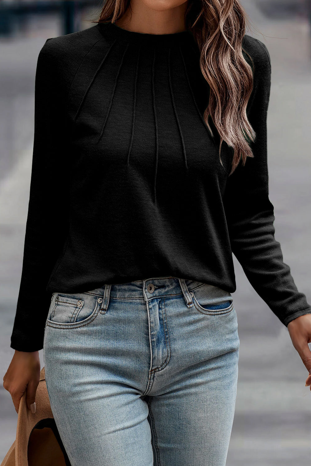 Solid Color Seam Detail Raglan Long Sleeve Top