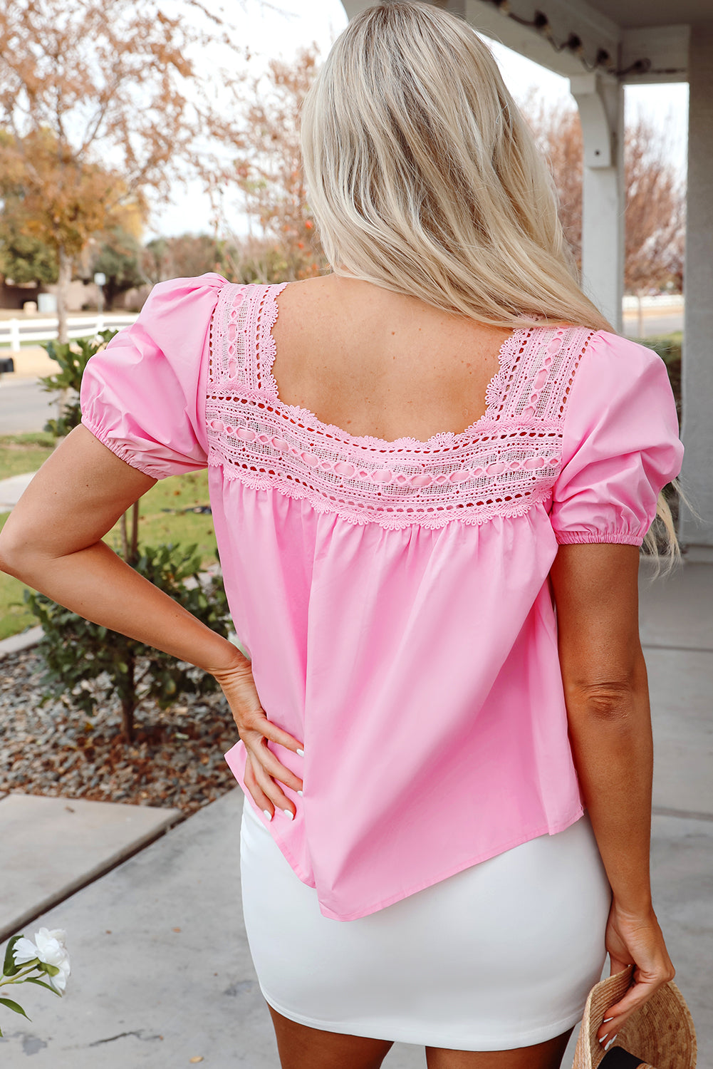 Lace Square Neck Patchwork Puff Sleeve Blouse