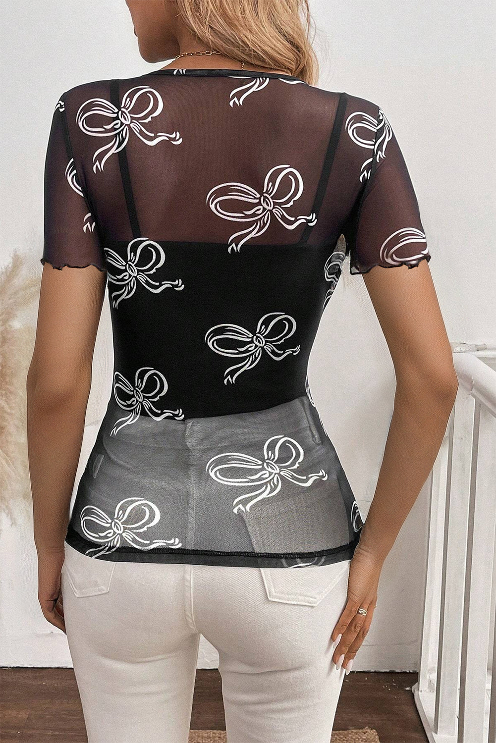 Bow Printed Mesh Short Sleeve Top