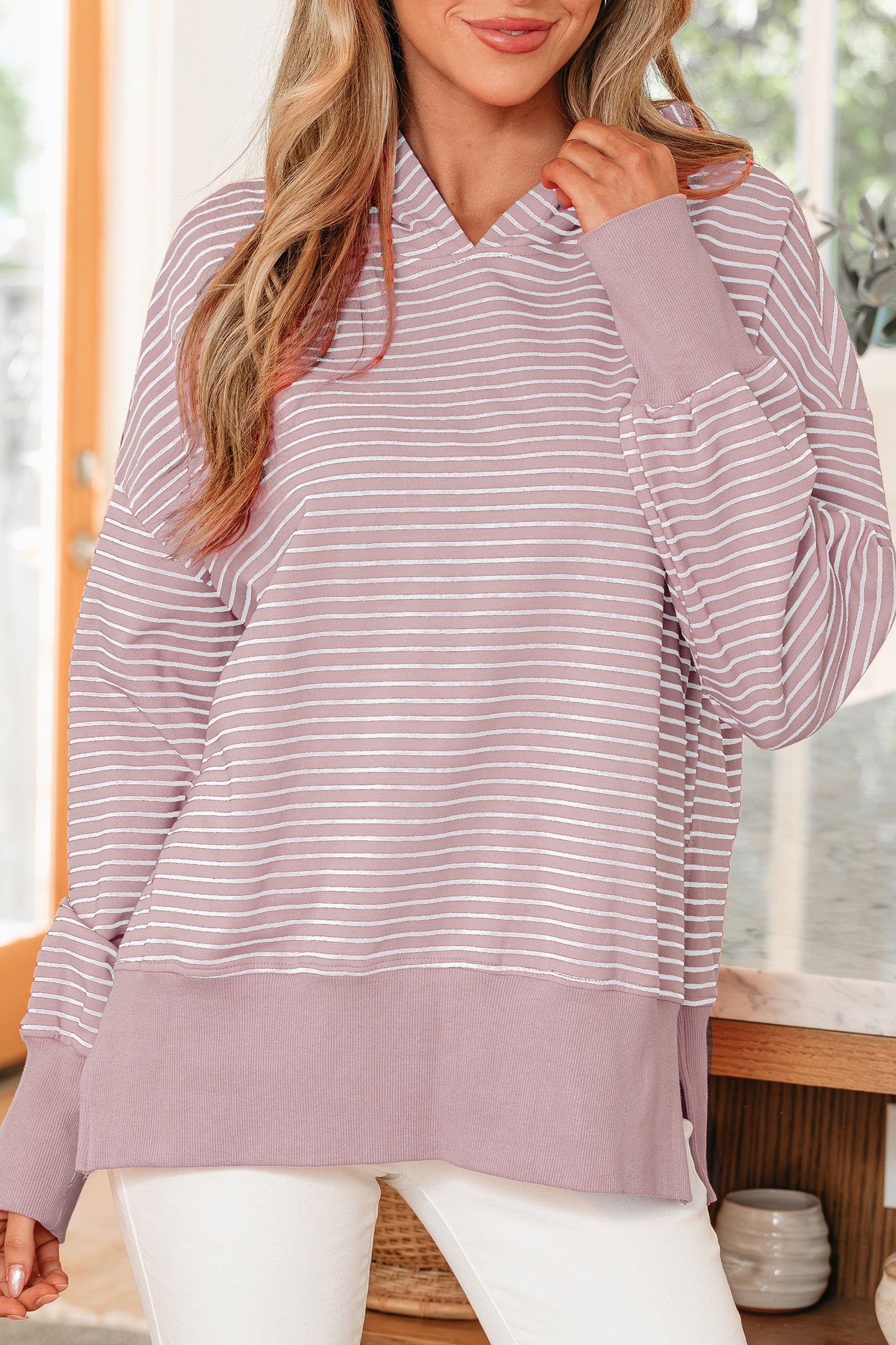 Thumbhole Side Slits Drop Shoulder Loose Fit Hoodie