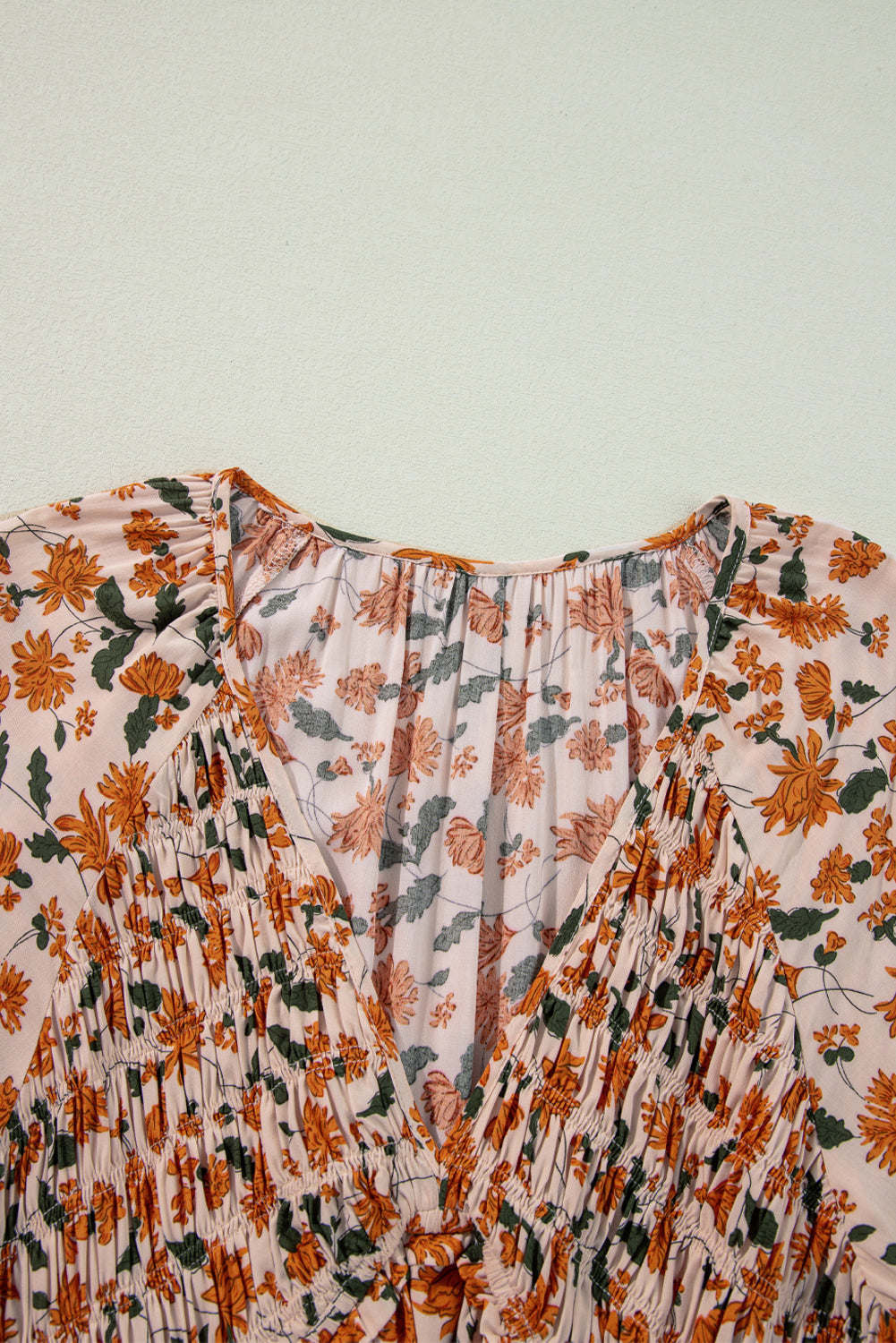 Floral Deep V Neck Smocked Bust Bubble Sleeve Babydoll Dress