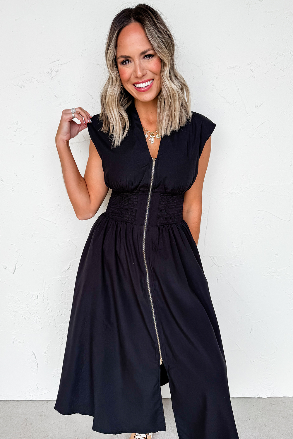 Sleeveless Zipped Front V Neck Shirred Waist Maxi Dress
